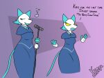  annoyed anthro clothed clothing deltarune dress female floating_hands hi_res kanye_west lonnyk microphone microphone_stand musical_note singing solo standing tasque_manager undertale_(series) video_games 