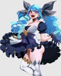  1girl blue_eyes blue_hair breasts clothes_lift dress dress_lift drill_hair exposed_breasts feathers gwen_(league_of_legends) hair_ornament highres lastofrabbit league_of_legends twintails 