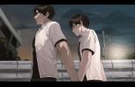  2boys black_border black_hair black_shirt blush border cloud cloudy_sky collared_shirt evening expressionless from_below grin holding_hands huh_1222 kim_dokja korean_commentary lamppost male_focus multiple_boys omniscient_reader&#039;s_viewpoint school_uniform shirt short_hair short_sleeves sky smile sweatdrop yoo_joonghyuk 