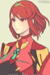  1girl artist_name bangs bob_cut breasts chest_jewel closed_mouth gofelem lips medium_hair pyra_(xenoblade) red_eyes red_hair simple_background smile solo swept_bangs upper_body xenoblade_chronicles_(series) xenoblade_chronicles_2 yellow_background 