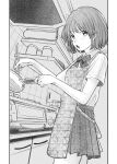  1girl apron chopsticks cooking greyscale highres holding holding_chopsticks idolmaster idolmaster_shiny_colors jar kitchen looking_to_the_side monochrome nanakusa_nichika open_mouth oven ribbon school_uniform shelf shirt short_hair short_sleeves skirt stove tanupon utensil white_shirt 