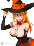  1girl alternate_hairstyle blonde_hair blue_eyes blush bone breasts costume darkness_(konosuba) hair_ornament halloween halloween_costume hat kono_subarashii_sekai_ni_shukufuku_wo! large_breasts long_hair moonbunny open_mouth smile solo source_request thick_thighs thighs witch witch_hat x_hair_ornament 