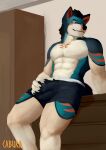  2022 5_fingers abs anthro artist_name bulge bulge_fondling cabura canid canine canis claws clothed clothing detailed_bulge digital_media_(artwork) fingers geordie_79 hair hi_res holding_bulge leaning leaning_back looking_away male mammal multicolored_body muscular muscular_anthro muscular_male simple_background smile solo underwear wolf 
