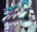  anthro armor belt big_breasts bikini blue_body bodily_fluids breasts cleavage clothed clothing earth_pony equid equine female grey_body guard guardian_angel_(mlp) hair hasbro hi_res horse lineup mammal my_little_pony nervous pony pouting shaking simple_background star_wars stormtrooper sweat swimwear thehuskylord unconvincing_armor zoom_zephyrwing_(mlp) 