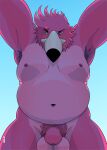  absurd_res anthro armpit_hair avian balls beak big_balls bird body_hair feathers flamingo galloroster genitals hair hi_res looking_at_viewer low-angle_view male moobs nude overweight overweight_anthro overweight_male penis pink_body pink_feathers pink_hair pubes sky solo 