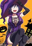  1girl :d adjusting_clothes adjusting_headwear arm_up bangs bare_tree bat_(animal) black_gloves black_thighhighs blue_hair breasts broom broom_riding building choker cleavage commentary_request dress elbow_gloves full_moon gloves halloween halloween_costume hat highres hitomi-chan_wa_hitomishiri jack-o&#039;-lantern large_breasts looking_at_viewer medium_hair moon natsumi_chorisuke open_mouth orange_background outdoors outline purple_choker purple_dress purple_eyes purple_headwear sharp_teeth short_dress sitting sleeveless sleeveless_dress smile solo takano_hitomi teeth thighhighs tree white_outline witch_hat 
