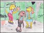  anthro bathroom biped bottomwear brandy_and_mr._whiskers brandy_harrington canid canine canis clothed clothing dialogue disney domestic_dog female group mammal omorashi reddragonkan skirt stall_(disambiguation) teenager text traditional_media_(artwork) trio young 
