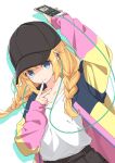  1girl arm_up baseball_cap black_headwear black_shorts blonde_hair blush braid cellphone earbuds earphones hand_up hat highres holding holding_phone jacket long_hair long_sleeves mikokomiyazawa open_clothes open_jacket paripi_koumei parted_lips phone shirt shirt_tucked_in shorts sidelocks smartphone smile solo tsukimi_eiko twin_braids upper_body v white_shirt 