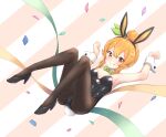  1girl :q animal_ears arm_up bangs black_footwear black_leotard black_pantyhose blonde_hair bow bowtie breasts closed_mouth collar commentary confetti detached_collar diagonal_stripes fake_animal_ears fake_tail floating green_bow green_bowtie green_ribbon hair_bun hair_ribbon high_heels hinatsuki_mikan kuramoto_takato leotard licking_lips looking_at_viewer machikado_mazoku pantyhose playboy_bunny pointy_ears rabbit_ears rabbit_tail red_eyes ribbon short_hair sidelocks small_breasts smile solo strapless strapless_leotard streamers striped symbol-only_commentary tail tongue tongue_out white_collar wrist_cuffs 