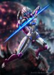  1girl alien arcee autobot beam_saber blue_eyes breasts crotch_plate curvy energy_sword gun handgun humanoid_robot looking_at_viewer marloeslupker medium_breasts narrow_waist robot sword thick_thighs thighs transformers weapon 