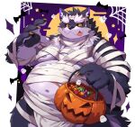  2022 absurd_res anthro belly big_belly candy canid canine canis dessert food halloween halloween_costume hi_res holidays humanoid_hands kemono male mammal moobs mummy_costume nipples overweight overweight_male silentyed solo wolf 