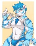  anthro athletic athletic_anthro blue_body blue_fur blue_hair blue_stripes bulge chest_tuft clothed clothing felid fur hair hi_res looking_at_viewer male mammal mostly_nude muscular muscular_anthro muscular_male nipples pantherine rook_kawa skimpy solo stripes tiger tuft underwear white_body white_fur yellow_eyes 