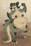  anthro anthrofied belly bethesda_softworks big_belly big_breasts breasts claws dark_eyelids dark_nipples deathclaw digestion digestion_noises digitigrade don_ko fallout female female_pred flexing hi_res navel onomatopoeia outside radiation_symbol red_eyes sharp_teeth solo sound_effects spiked_tail spikes spikes_(anatomy) symbol teeth text video_games vore 