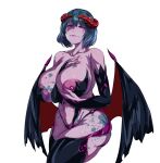  1girl 2021 blue_hair breasts colored_skin demon_girl elbow_gloves fingernails gloves highres horns large_breasts long_fingernails looking_at_viewer nipple_piercing nipples original piercing pink_skin purple_eyes shaded_face short_hair solo thick_thighs thighhighs thighs uc_(188316942) wings 