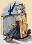  1girl absurdres blonde_hair blue_eyes blue_hakama boots breasts brown_footwear crane_(machine) dock drill_hair giant giantess hair_ornament hakama hatakaze_(kancolle) highres japanese_clothes kantai_collection kimono liangzi_tai_youling looking_at_viewer medium_breasts obi ponytail sash sitting twin_drills yellow_kimono 