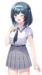  1girl absurdres armband bangs belt black_hair brysinggamen commentary_request cowboy_shot fang hair_ribbon highres love_live! love_live!_nijigasaki_high_school_idol_club mifune_shioriko neck nijigasaki_academy_school_uniform one_eye_closed open_mouth plaid pleated_skirt red_eyes ribbon school_uniform short_hair simple_background skirt solo swept_bangs white_background 