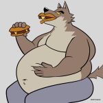  absurd_res anthro belly belly_grab big_belly burger canid canine canis clothing dreamworks fattytober food hi_res male mammal mindof moobs mr._wolf_(the_bad_guys) overweight overweight_male stuffing the_bad_guys tight_clothing weight_gain wolf 