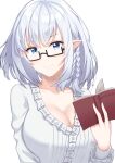  1girl absurdres bangs beta_(kage_no_jitsuryokusha_ni_naritakute!) black-framed_eyewear blue_eyes book braid breasts cleavage closed_mouth commentary dress elf english_commentary frilled_dress frilled_sleeves frills glasses grey_hair hair_between_eyes highres holding holding_book kage_no_jitsuryokusha_ni_naritakute! large_breasts long_sleeves looking_at_viewer open_book pointy_ears raise094 short_hair side_braid signature simple_background smile solo teeth upper_teeth white_background white_dress 