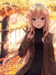  1girl :d autumn autumn_leaves backlighting bangs black_sweater blonde_hair blush braid breasts brown_coat coat commentary_request day green_eyes hair_between_eyes hair_over_shoulder hanazome_dotera hand_up highres long_hair long_sleeves looking_at_viewer medium_breasts open_clothes open_coat original outdoors ribbed_sweater single_braid sleeves_past_wrists smile solo sweater turtleneck turtleneck_sweater very_long_hair 