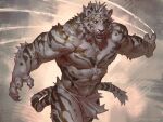  1boy bara brush_stroke claws cowboy_shot english_commentary fangs furry furry_male highres loincloth looking_at_viewer male_focus muscular muscular_male open_mouth original scratching simple_background solo tail taran_fiddler tiger_boy tiger_tail topless_male whiskers white_eyes white_loincloth 
