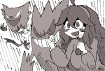  1girl @_@ ahoge alternate_breast_size black_dress blank_eyes breasts cheering chichibu_(watson) clenched_hands commentary dress gaijin_4koma_(meme) gengar greyscale haunter hex_maniac_(pokemon) large_breasts long_dress long_hair meme messy_hair mimikyu monochrome parody pokemon pokemon_(game) pokemon_xy 