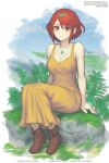 1girl artist_name bangs bare_shoulders bob_cut boots breasts brown_footwear chest_jewel circlet cleavage closed_mouth dress full_body gofelem grass looking_at_viewer medium_hair pyra_(xenoblade) red_eyes red_hair sitting sketch sleeveless sleeveless_dress smile solo swept_bangs xenoblade_chronicles_(series) xenoblade_chronicles_2 yellow_dress 