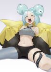  1girl bike_shorts blue_hair closed_eyes hair_ornament highres iono_(pokemon) jacket komadera midriff navel nipples open_clothes open_jacket open_mouth pantyhose pokemon pokemon_(game) pokemon_sv see-through see-through_bra sharp_teeth solo spread_legs stomach sweat teeth thick_thighs thighs yawning 