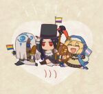  1boy 1girl 1other :d ascot baguette black_gloves black_skirt bread bridget_(guilty_gear) chibi closed_eyes flag food gloves guilty_gear guilty_gear_strive guilty_gear_xrd hat heart holding holding_flag holding_food holding_scythe holding_stuffed_toy holding_weapon lgbt_pride non-binary_flag paseritaberuman rainbow_flag roger_(guilty_gear) scythe shrug_(clothing) skirt smile stuffed_animal stuffed_toy teddy_bear testament_(guilty_gear) top_hat transgender_flag venom_(guilty_gear) weapon 