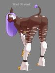  anthro ayame_(character) badroy butt clothing female footwear giraffid hair hair_over_eye high_heels hyper hyper_lips lips looking_back machine mammal okapi one_eye_obstructed presenting presenting_hindquarters purple_hair raised_tail robot solo stripes thick_lips 