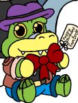  2021 alligator alligatorid anthro biped bottomwear brok_(character) brok_the_investigator clothing crocodilian cute_fangs english_text green_body hat headgear headwear hi_res jkomasan pants plushie reptile scalie shirt sitting solo text topwear video_games 