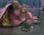  2022 anthro bed bedding blanket bottomwear brown_body clothing furniture hi_res humanoid_hands kemono male mammal nakatahomerun overweight overweight_male pillow shirt shorts solo tired topwear ursid 