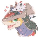  anthro armor bandai_namco claws digimon digimon_(species) digimon_ghost_game dragon duo gammamon garrrzzz headgear helmet hisaryumon horn male riding samurai size_difference smile warrior white_body 