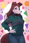  2022 anthro blue_eyes bottomwear breasts brown_hair canid canine canis clothing colleen collie domestic_dog eyelashes female hair hand_on_hip herding_dog hi_res long_hair looking_at_viewer mammal pants pastoral_dog road_rovers rough_collie sheepdog smile solo sweater topwear walliscolours 
