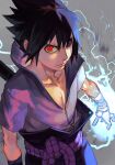  1boy bandaged_arm bandages black_eyes black_hair clenched_hand cowboy_shot from_above hair_between_eyes heterochromia high_collar hungry_clicker looking_at_viewer male_focus naruto_(series) open_collar purple_rope red_eyes rope sharingan shirt short_hair solo spiked_hair uchiha_sasuke white_shirt 
