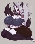  2022 anthro belly big_breasts blush bottomwear breasts canid canid_demon canine canis clothed clothing collar demon digital_media_(artwork) eyelashes female hair hellhound helluva_boss hi_res huge_breasts huge_hips huge_thighs legwear looking_at_viewer loona_(helluva_boss) mammal matospectoru navel red_sclera skirt slightly_chubby slightly_chubby_female solo spiked_collar spikes thick_thighs thigh_highs white_hair wolf 