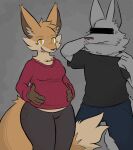  anthro big_tail black_clothing black_shirt black_topwear blue_bottomwear blue_clothing blue_pants bodily_fluids bottomwear breasts brown_bottomwear brown_clothing brown_nose brown_pants canid canine censor_bar censored_face clothed clothing collar collar_pull duo ear_tuft eyebrows eyelashes female fox fur grey_body grey_fur hand_on_head hands_on_belly hi_res male mammal medium_breasts neck_tuft nervous orange_body orange_fur pants pregnant pregnant_female red_clothing red_sweater red_topwear shirt short_sleeved_shirt simple_background smile sweat sweatdrop sweater tail_around_leg topwear trisha_fox_(zzx) tuft yellow_eyes zzx 