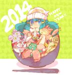 1girl 2014 beanie blue_eyes blue_hair boots bowl chopsticks closed_mouth colored_eyelashes dawn_(pokemon) espurr food fruit glameow hair_ornament happy_new_year hat holding holding_bowl holding_chopsticks in_bowl in_container katiko long_hair meowth orange_(fruit) pink_footwear pokemon pokemon_(creature) pokemon_(game) pokemon_dppt scarf skitty smile sneasel white_headwear white_scarf 