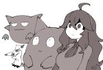  1girl @_@ ahoge alternate_breast_size black_dress blank_eyes breasts chichibu_(watson) commentary dress gaijin_4koma_(meme) gengar greyscale haunter hex_maniac_(pokemon) large_breasts long_dress long_hair meme messy_hair mimikyu monochrome parody pokemon pokemon_(game) pokemon_xy 