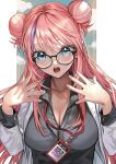  1girl aqua_eyes black-framed_eyewear blue_eyes breasts cleavage collarbone commission double_bun fingernails glasses grey_shirt hair_bun highres jacket katekari_yuusuke lanyard long_hair name_tag office_lady open_mouth original pink_hair shirt skeb_commission teeth white_jacket 