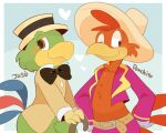  2016 2boys beak belt bird bird_tail black_bow black_bowtie blue_background blush blush_stickers bow bowtie buttons cane character_name chest_tuft chicken disney english_text feathers furry furry_male gloves green_feathers green_fur hand_on_hip hat heart hyaku_(g-kawayusu) image_sample jose_carioca looking_at_viewer male_focus multicolored_tail multiple_boys open_clothes orange_feathers panchito_pistoles pants parrot porkpie_hat purple_pants red_fur simple_background smile sombrero standing tail tail_feathers the_three_caballeros 