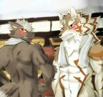  abs anthro blush butt canid canine canis domestic_dog duo fur grey_body grey_fur hi_res jackal lifewonders locker_room male male/male mammal navel nude scar seth_(tas) tadatomo tokyo_afterschool_summoners towel video_games yom_mido_plus 