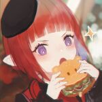  1girl 2022 bangs blunt_bangs blush bread bread_slice dress final_fantasy final_fantasy_xiv food hat highres holding holding_food lalafell lettuce onion open_mouth original pointy_ears purple_eyes red_hair sandwich solo sparkle tomato unicha 