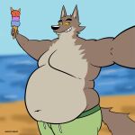  absurd_res anthro beach belly big_belly canid canine canis clothing dessert dreamworks fattytober food hi_res ice_cream male mammal mindof moobs mr._wolf_(the_bad_guys) overweight overweight_male seaside swimming_trunks swimwear the_bad_guys water weight_gain wolf 