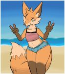  4_fingers anthro beach big_tail blue_bottomwear blue_clothing blue_pants blue_sky bottomwear brown_nose canid canine clothed clothing crop_top dipstick_tail ear_tuft eyebrows eyelashes female fingers fox fur gesture handpaw hi_res hotpants mammal markings navel neck_tuft orange_body orange_fur pants paws pink_top pockets sand seaside shirt shorts sky smile solo tail_markings tongue tongue_out topwear trisha_fox_(zzx) tuft v_sign yellow_eyes zzx 