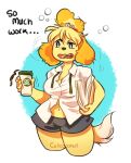  animal_crossing anthro beverage big_breasts bottomwear breasts canid canine canis clothing coffee domestic_dog english_text female fur hair hair_bell hair_bun hotpants isabelle_(animal_crossing) mammal messy_hair midriff navel nintendo pseudo_hair shih_tzu shorts solo text thingsmart tired toy_dog undone_shirt undone_tie video_games yellow_body yellow_fur 