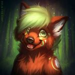  1:1 ambiguous_gender anthro brown_body brown_fur bust_portrait canid cheek_tuft chest_tuft facial_markings facial_tuft fangs front_view fur glistening glistening_eyes green_body green_eyes green_fur green_hair hair happy head_markings inner_ear_fluff looking_at_viewer mammal markings mylafox neck_tuft nude open_mouth open_smile outside plant portrait red_tongue short_hair smile solo text tongue tree tuft url white_inner_ear_fluff 