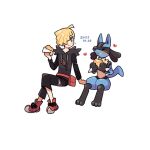  1boy :t ahoge arm_support bangs black_pants black_shirt blonde_hair closed_mouth commentary_request crossed_legs daifuku_(pokefuka_art) dated eating fanny_pack gladion_(pokemon) green_eyes grey_vest hair_over_one_eye heart holding hood hooded_vest hoodie invisible_chair lucario malasada male_focus pants pokemon pokemon_(creature) pokemon_(game) pokemon_sm red_bag red_footwear shirt shoes short_hair simple_background sitting tassel torn_clothes torn_pants torn_shirt vest white_background 