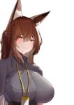  1girl absurdres animal_ear_fluff animal_ears arknights bangs blush breasts brown_eyes brown_hair closed_mouth collared_shirt fox_ears franka_(arknights) grey_shirt hair_between_eyes heart heart-shaped_pupils highres lahz52 large_breasts long_hair looking_at_viewer one_side_up shirt short_sleeves simple_background smile solo symbol-shaped_pupils underbust upper_body white_background 