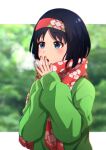  1girl absurdres bangs black_hair blue_eyes blurry blurry_background breath chromatic_aberration day erika_(pokemon) green_sweater hairband hands_up highres kamia_oekaki long_sleeves open_mouth outdoors pokemon pokemon_(game) pokemon_lgpe print_scarf red_hairband red_scarf scarf short_hair solo steepled_fingers sweater upper_body winter_uniform 