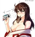  1girl aircraft airplane akagi_(kancolle) arai_harumaki bad_id bad_twitter_id bare_shoulders blush breasts brown_eyes brown_hair cleavage hair_between_eyes kantai_collection large_breasts long_hair messy_hair off_shoulder simple_background solo third-party_source twitter_username upper_body white_background 